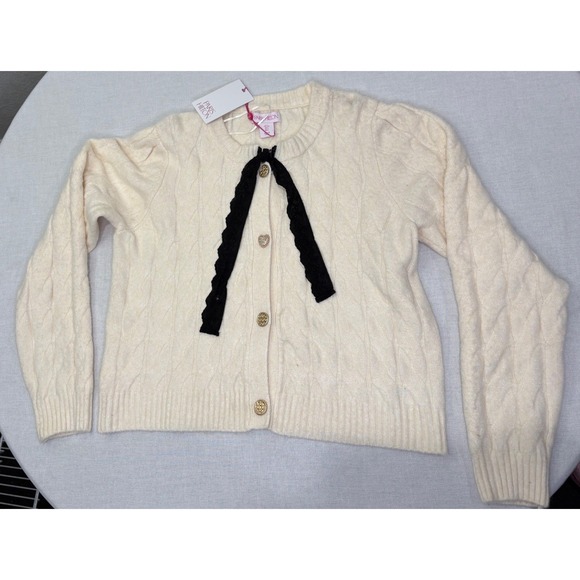 Paris Hilton Sweaters - Paris Hilton Women Cardigan Large Cream Cable Knit Gold Button Black Bow NWT